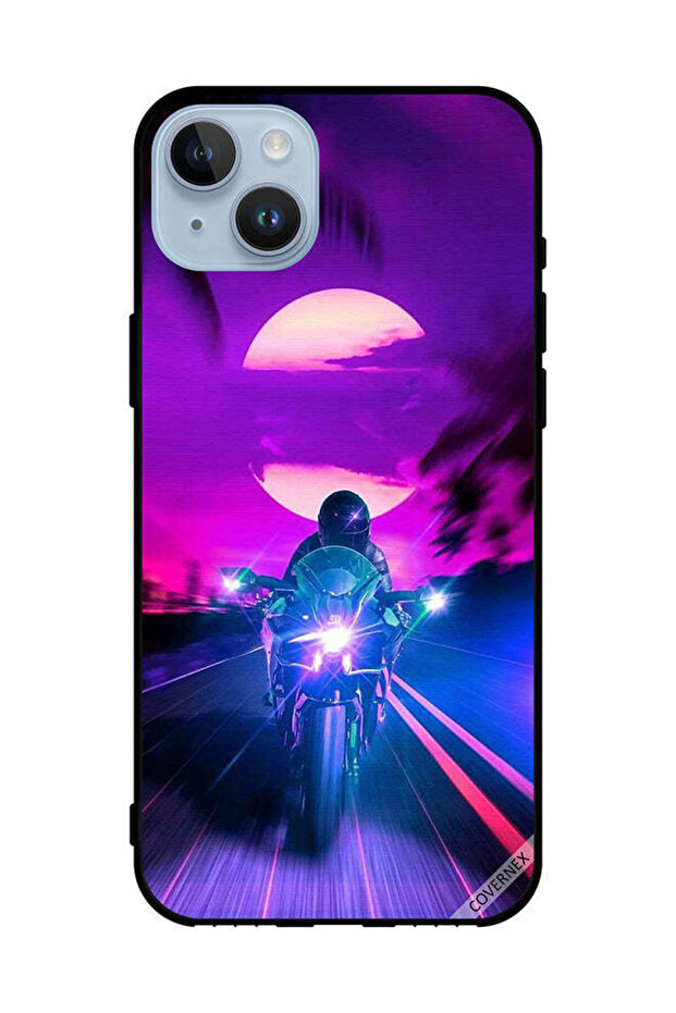 غطاء حماية لهاتف Apple iPhone 14 Plus - راكب الدراجة النارية يترك القمر خلفه