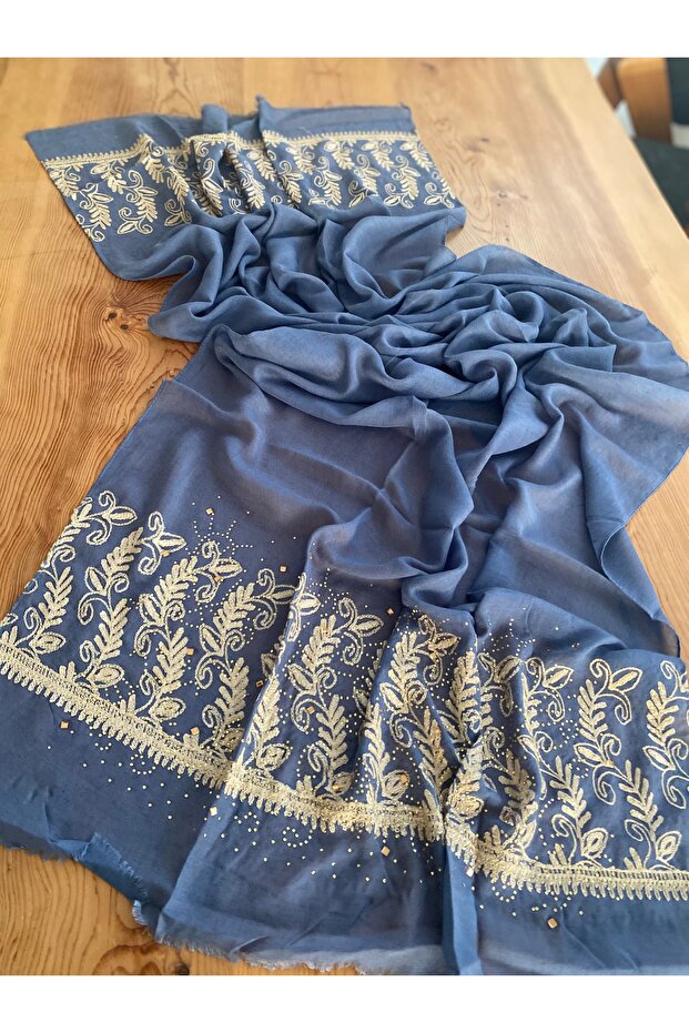 Women's Navy Blue Embroidered Stone Embroidered Organic Cotton Imported Shawl 1606084