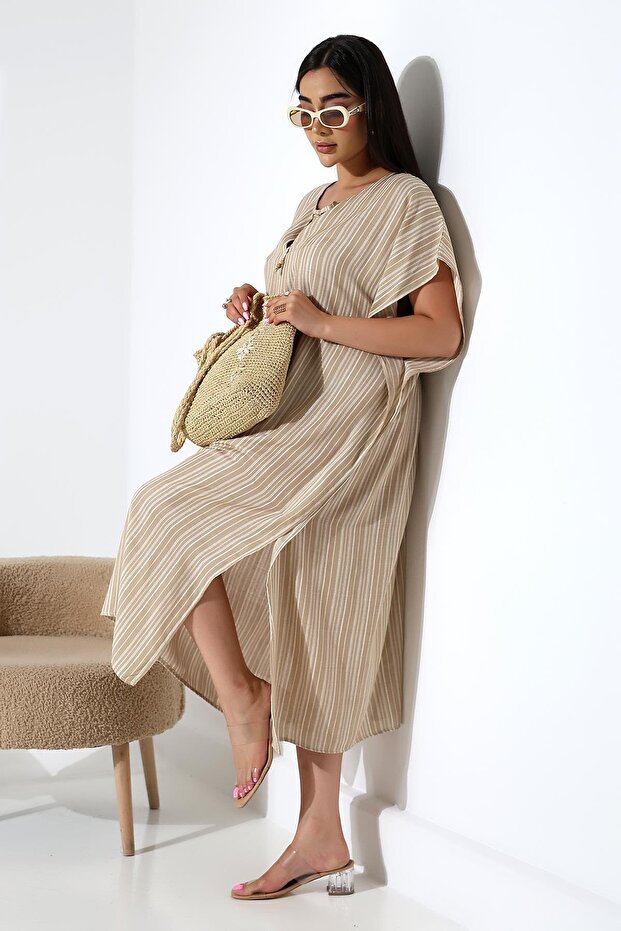 BEJ ÇİZGİLİ KAFTAN ELBİSE - 1