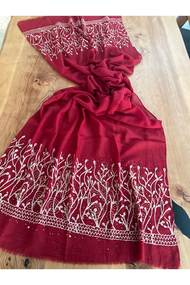 Burgundy Embroidered Gold Stone Embroidered Imported Organic Cotton Shawl 1606081