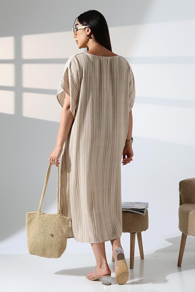 BEJ ÇİZGİLİ KAFTAN ELBİSE - 4