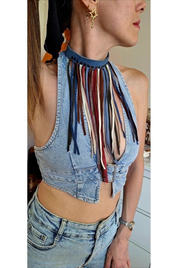 Deri püsküllü chocker - 2