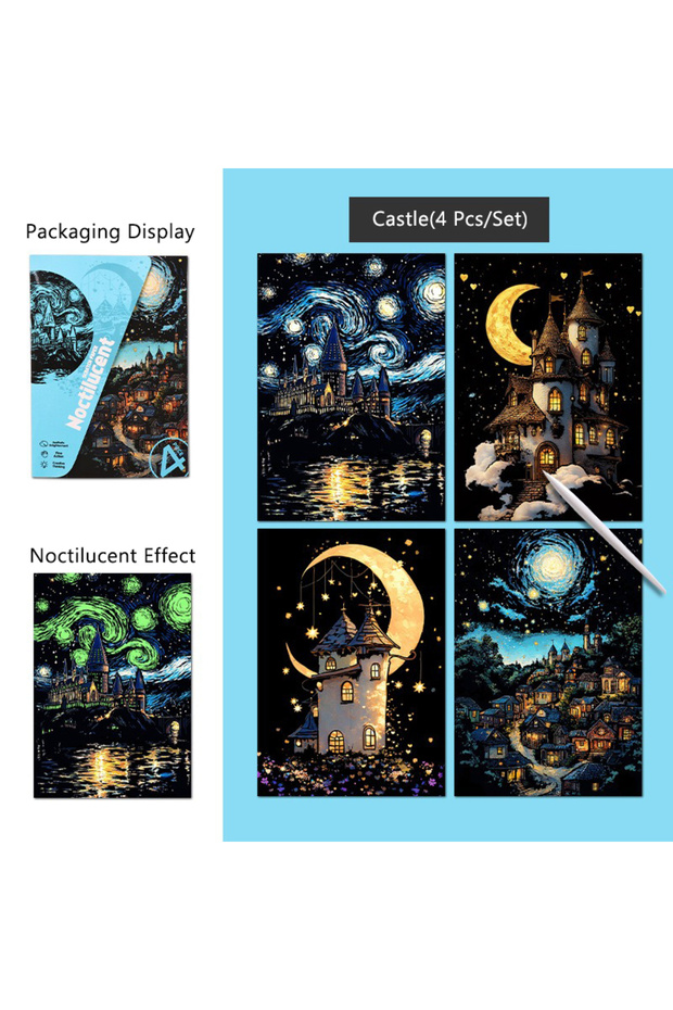 A5 Castle 4 Pcs/Set A5 Noctilucent DIY Scratch Painting Castle Lanscape Cute Animal Night View Manua