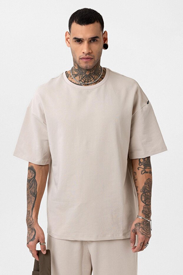 Paça Lastikli Basic Oversize Eşofman Takımı Bej - 6