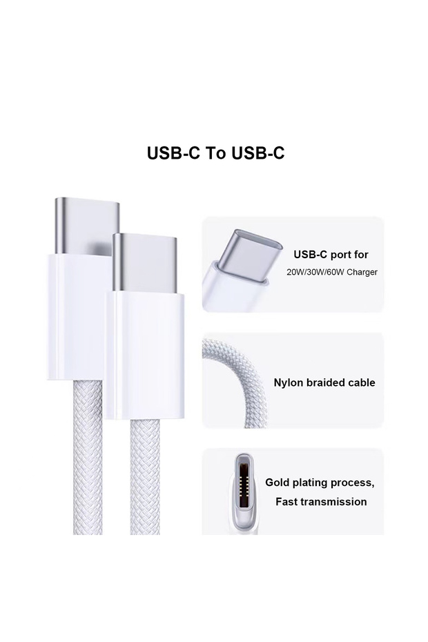 iPhone 15/16 Uyumlu 60W USB-C Hızlı Şarj Kablosu | Type-C to Type-C | Dayanıklı Örgülü Kablo - 2