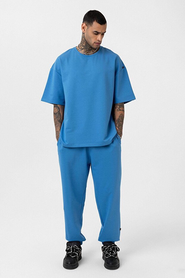 Paça Lastikli Basic Oversize Eşofman Takımı Mavi - 1