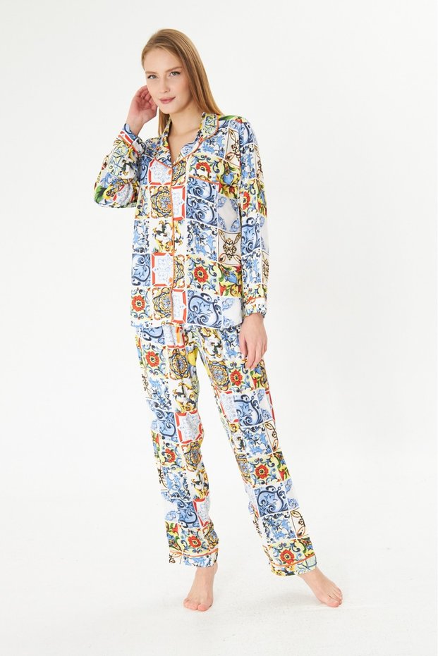 Women's 100% Cotton Woven Fabric Traditional Orange Piping Shirt Collar Button-Down Pajama Set with Pockets
