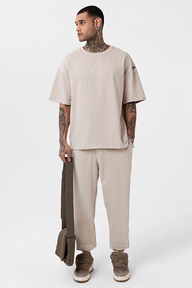 Paça Lastikli Basic Oversize Eşofman Takımı Bej - 3