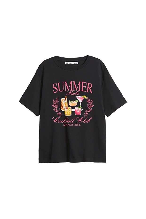 Summer Cocktail Printed Relaxed Fit Black Women's Tshirt