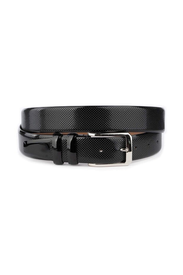 Luxury Men's Glossy Black Belt Perforated Leather Silver Buckle Dress Fabric Belt for Pants 35 mm
