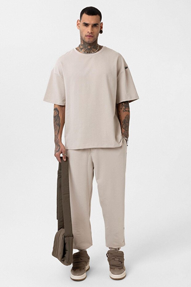 Paça Lastikli Basic Oversize Eşofman Takımı Bej - 1
