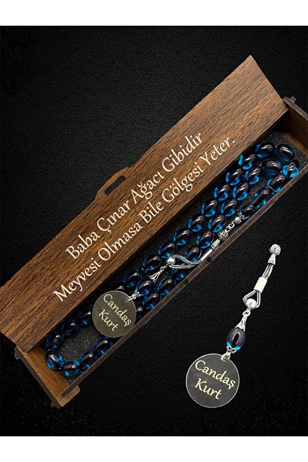 Capsule Cut Name Surname Detailed Silver Tasseled Petrol Blue Fire Amber Prayer Beads