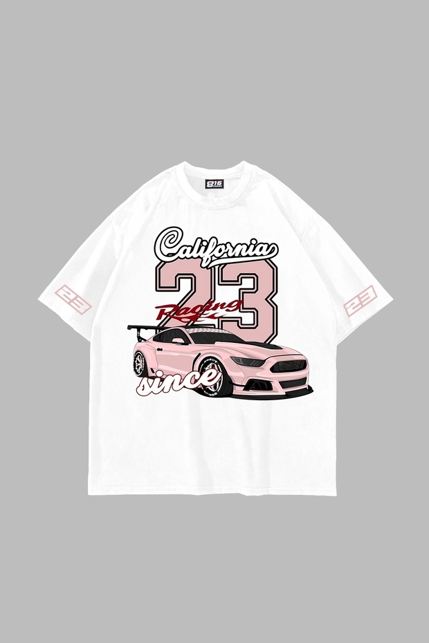 تيشيرت أبيض كبير الحجم مطبوع عليه California Racing للجنسين