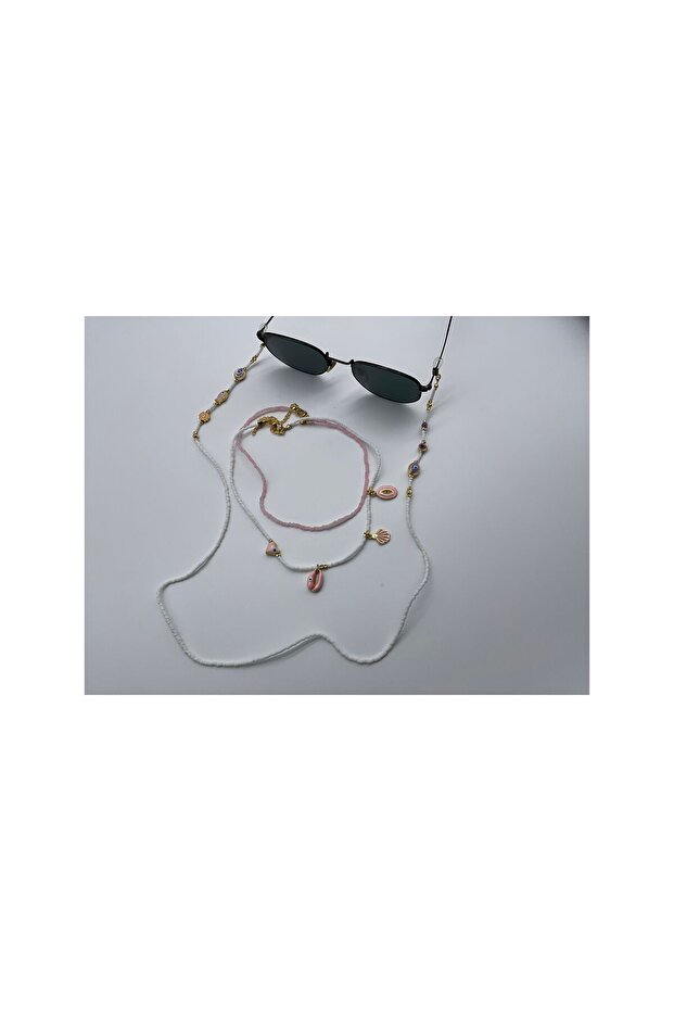 Light Pink White Afghan Beaded Multi-Pendant and Fish Daisies Eyeglass Rope
