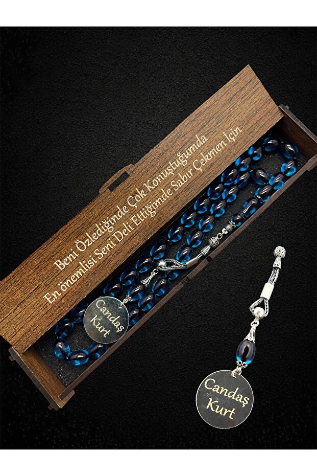 Capsule Cut Name Surname Detailed Silver Tasseled Petrol Blue Fire Amber Prayer Beads