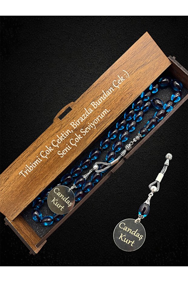 Capsule Cut Name Surname Detailed Silver Tasseled Petrol Blue Fire Amber Prayer Beads