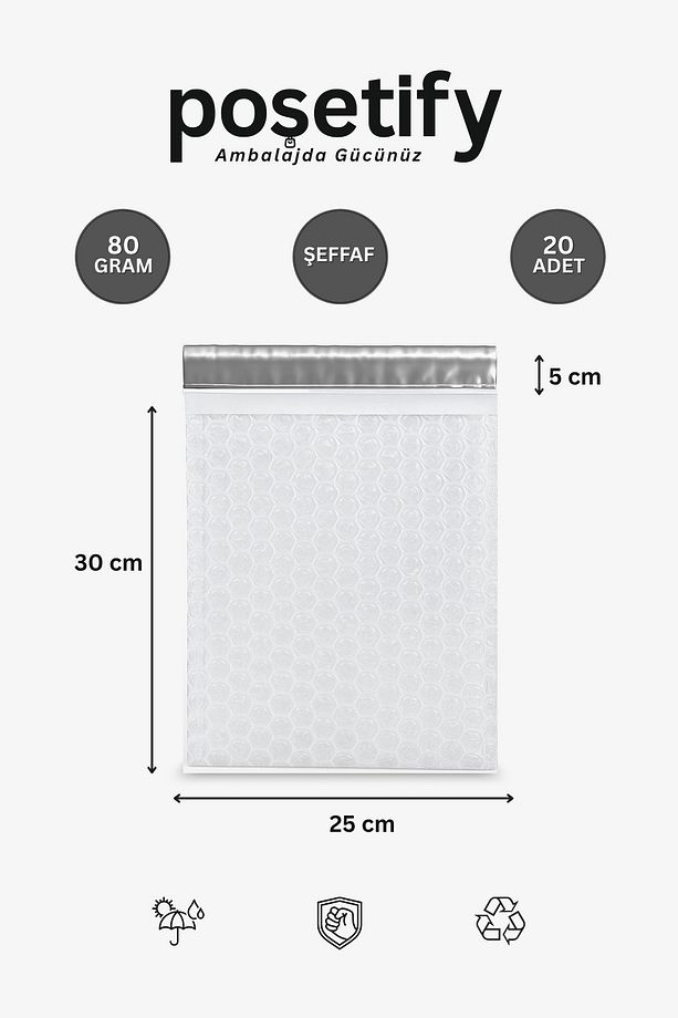 Balonlu Şeffaf Kargo Poşeti 25X30+5 cm | 80 gr Bantlı Patpatlı Kargo Poşeti | 20’li E-Ticaret Poşeti - 1