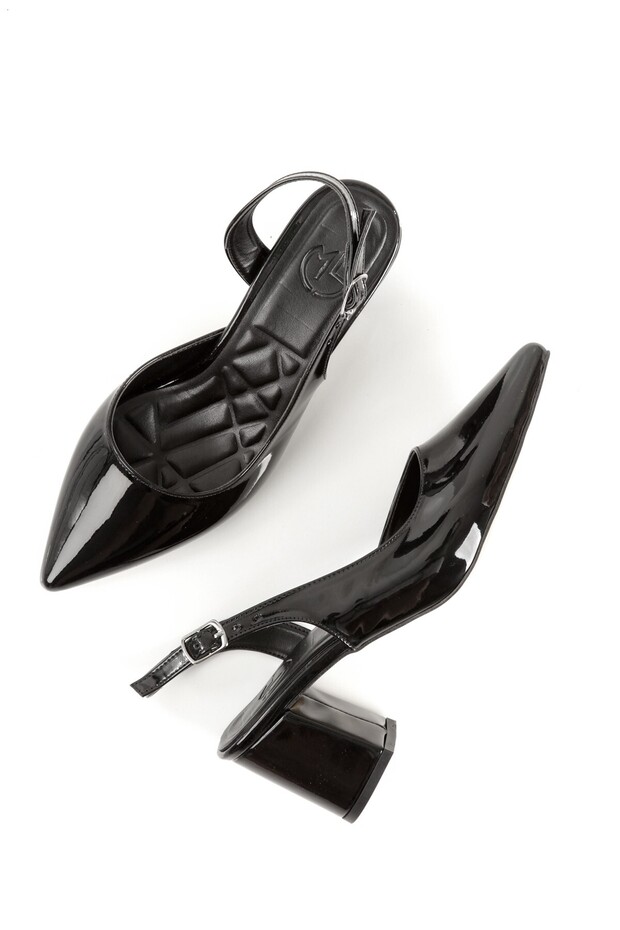 Women's Black Patent Leather Short Thick Heeled Stiletto Asymmetrical Strap Shoes - Verlik