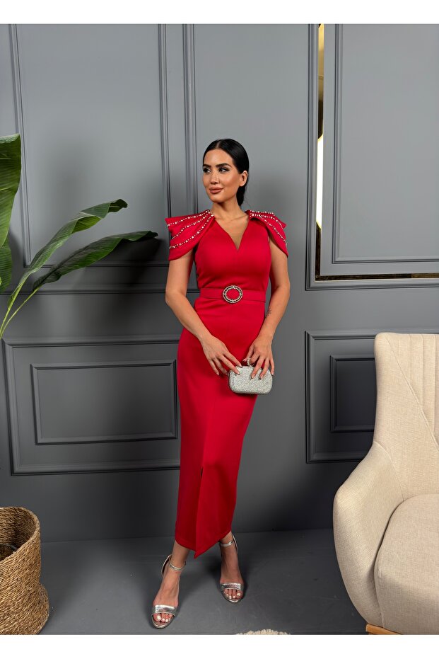 Women's Imported Scuba Fabric Stone-Decorated Shoulder Detail Belted Lined Special Design Dress