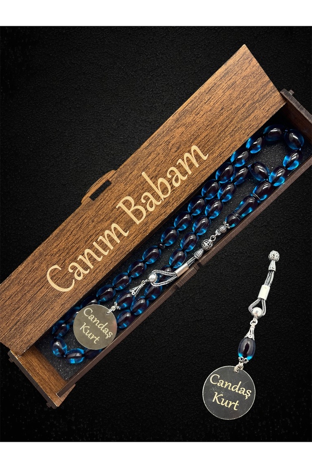 Capsule Cut Name Surname Detailed Silver Tasseled Petrol Blue Fire Amber Prayer Beads