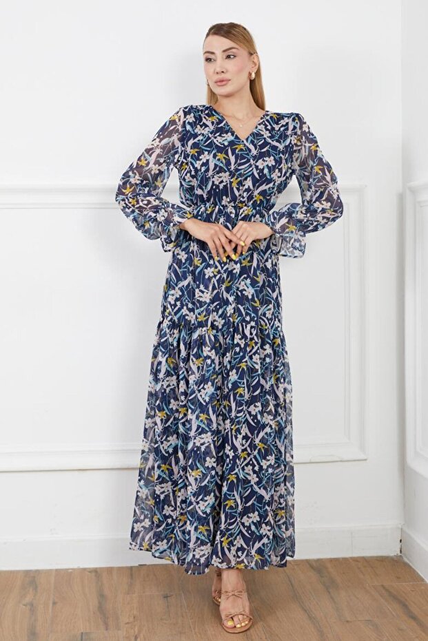 Women's Floral Pattern Navy Blue V-Neck Lined Elastic Waist Chiffon Dress Suitable for Hijab