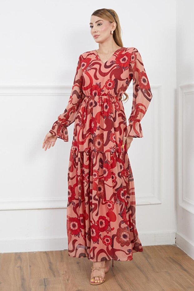 Women's Shawl Pattern Burgundy V-Neck Lined Elastic Waist Chiffon Dress Suitable for Hijab