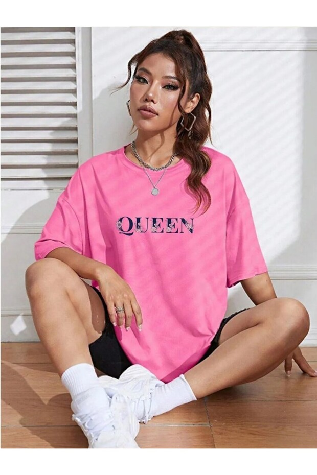 T-shirt - QUEEN Printed Oversized Crew Neck Pink Short Sleeve T-Shirt