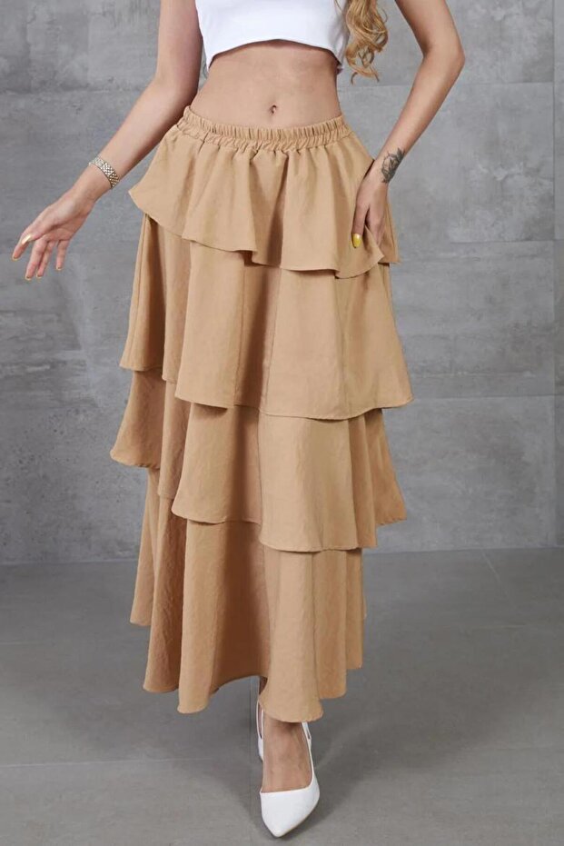 Women's Black Flounced Layered Elastic Waist Kupra Lined Crepe Skirt Suitable for Hijab