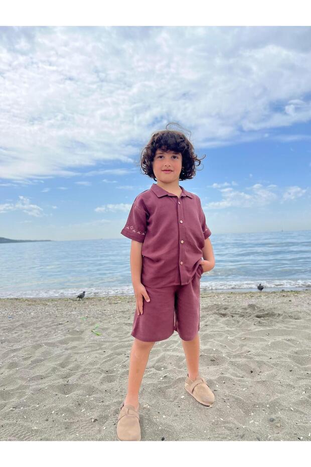 Embroidered Sleeves Shirt Shorts Linen Suit 2-7 Years Old Plum