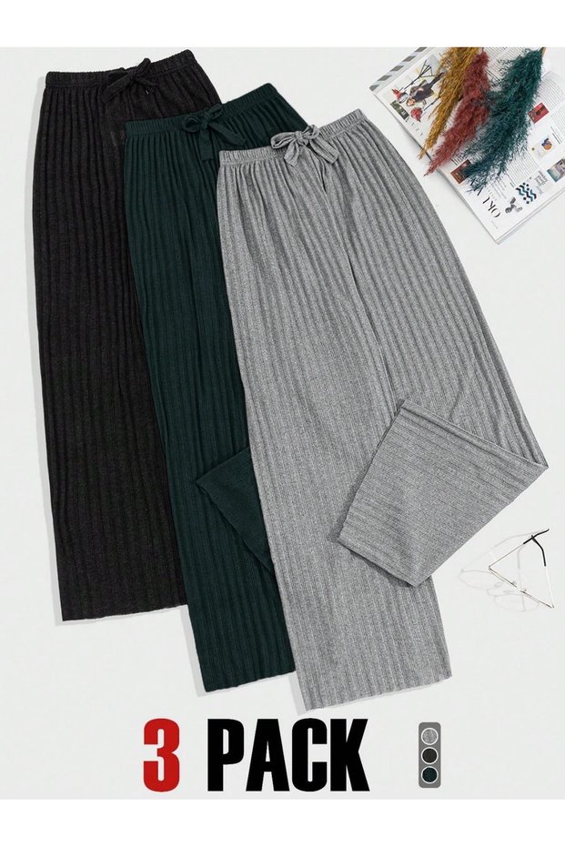 3-Piece Breathable Fabric Ribbon Waist Detailed Printed Pocketless Women's Pajama Bottoms
