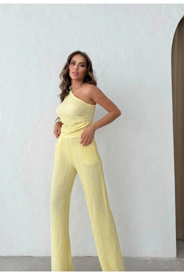 Single Sleeve Women's Seersucker Pants-Blouse Set