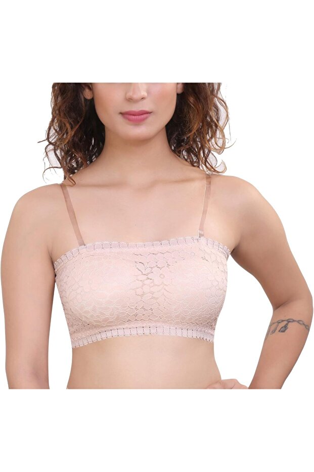 Women's Padded Seamless Floral Lace Tube Bra Strapless Bra with Removable Soft Cups