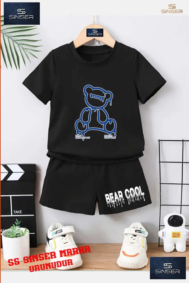 Children's Unisex “Bear Blue Striped Bottom Written“ Special Printed Crew Neck T-Shirt - Shorts Set