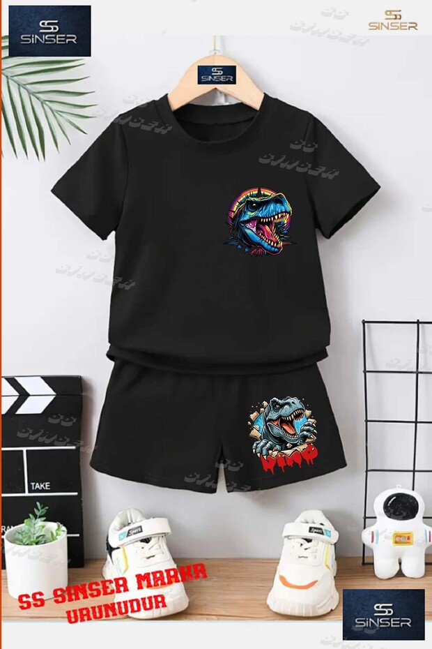 Kids Unisex “Dinosaur Colorful Head“ Custom Printed Crew Neck T-Shirt - Shorts Set