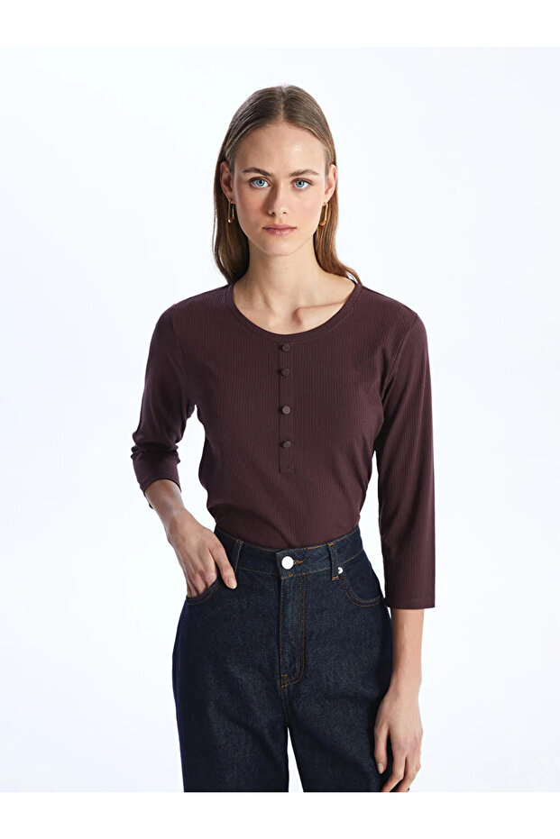 LCWAIKIKI Basic Mürdüm Kadın Bisiklet Yaka Düz Tişört - 2