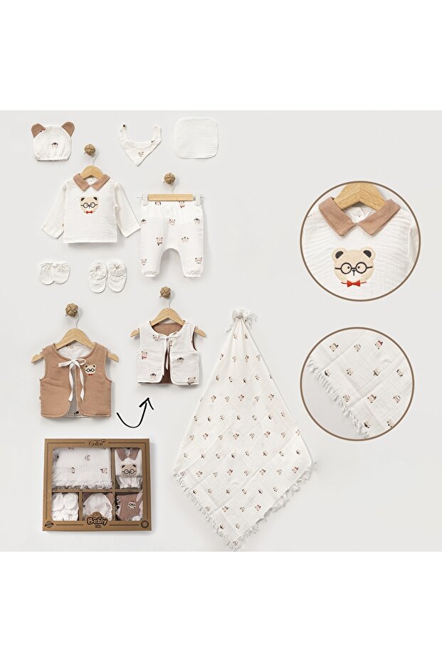 Boxed Baby Boy Teddy Bear Embroidered Double-Sided Fiber Filled Vest 10-Piece Hospital Exit Bodysuit Set