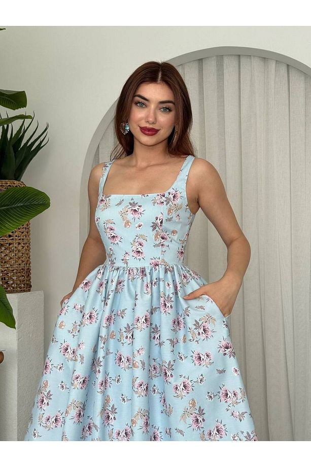 Pars Cep Detaylı Çiçek Baskılı Midi Elbise - 2