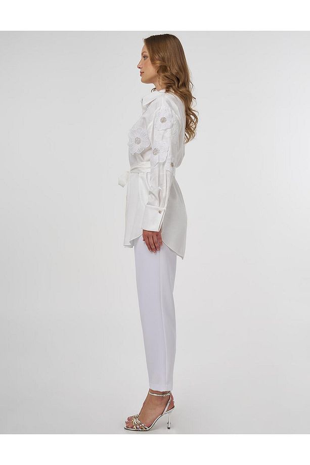 Çiçek Aplikeli Saten Tunik Ekru - 4