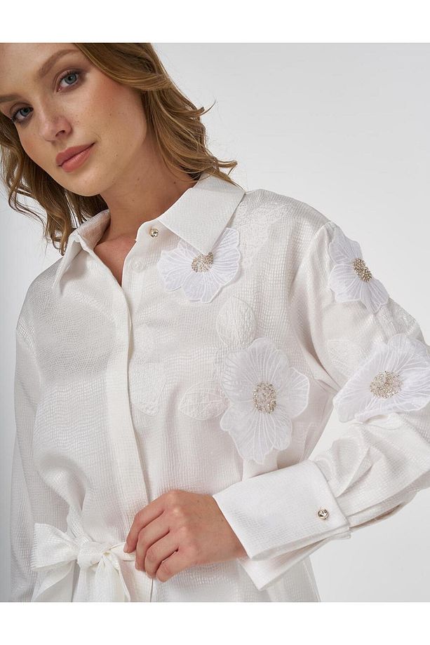 Çiçek Aplikeli Saten Tunik Ekru - 7
