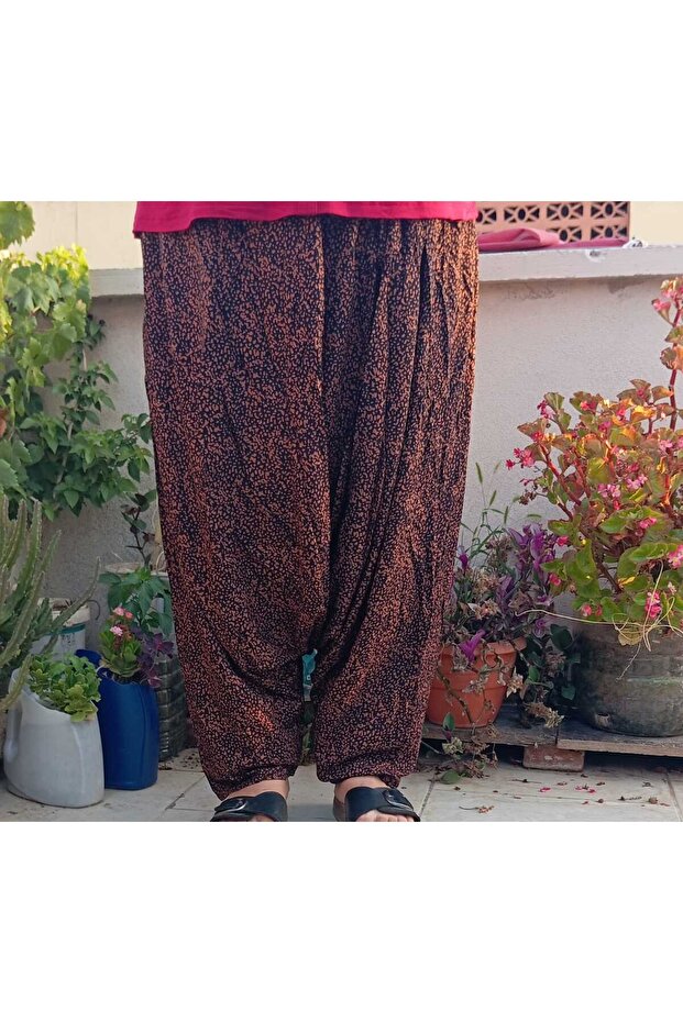 Mom's Baggy Pants Patterned Pocketed Baggy Pants with Elastic Waist
