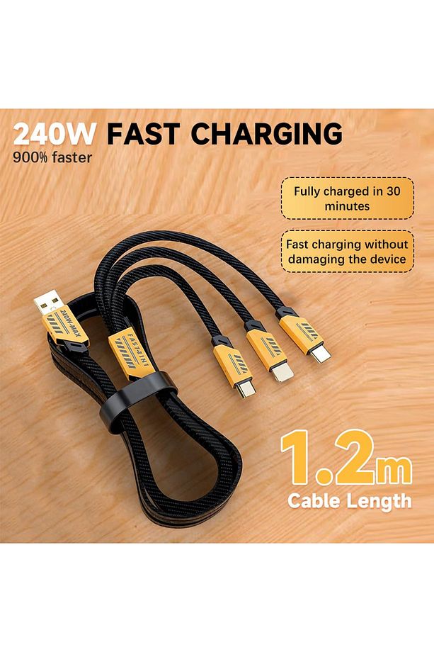 3in1 240 Watt 1.2 Metre Halat Örgü Kırılmaz Uç Hızlı Şarj ve 480mbs Data Kablosu - 2