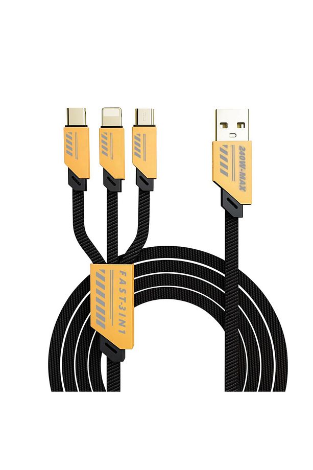 3in1 240 Watt 1.2 Metre Halat Örgü Kırılmaz Uç Hızlı Şarj ve 480mbs Data Kablosu - 1