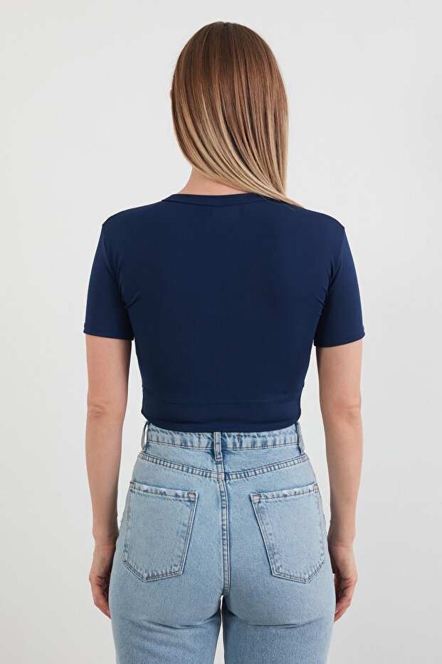 Basic Yarım Fermuarlı Dalgıç Kumaş Crop Tişört - 4