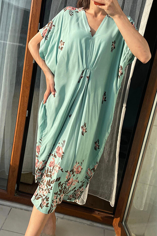Women's Mint Green V Blue White Patterned Short Sleeve Midi Pareo Dress