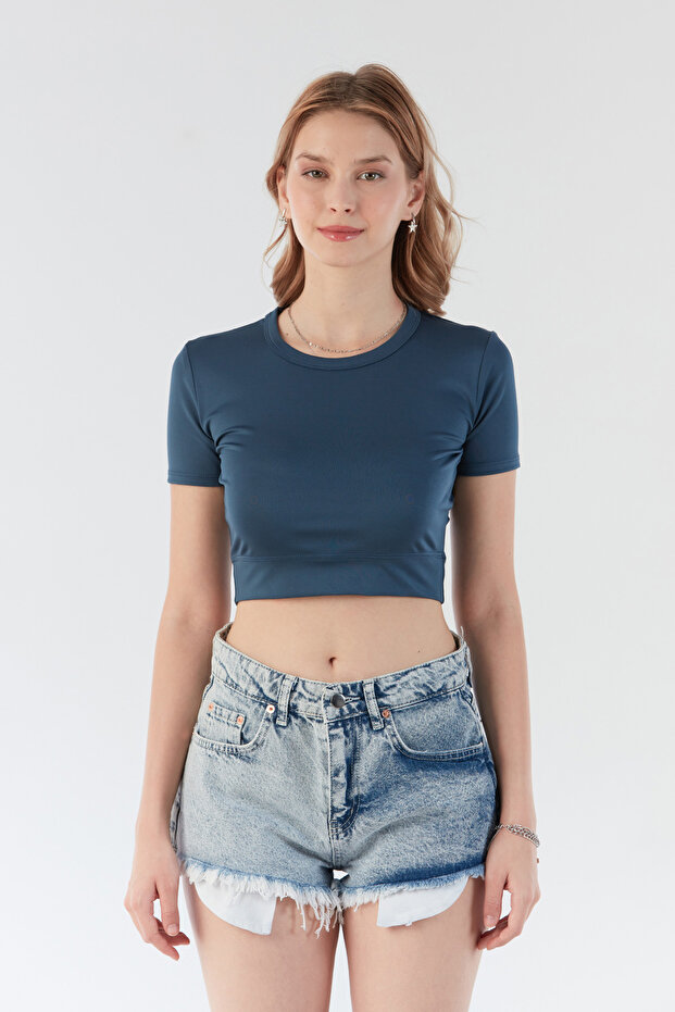 Basic Bisiklet Yaka Crop Tişört - 6