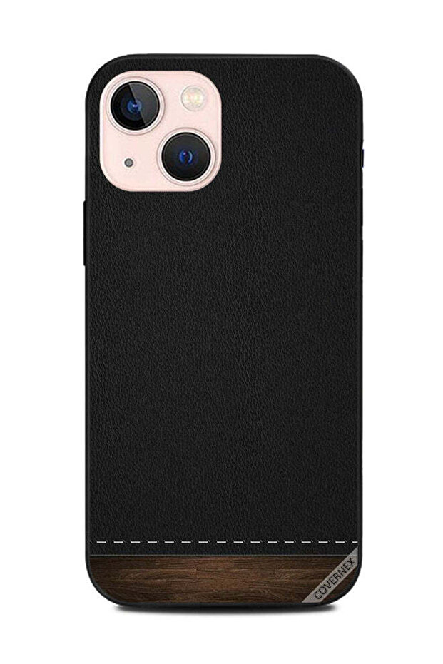 غطاء حماية لهاتف Apple iPhone 13 Mini مصنوع من الجلد الأسود والخشب في الأسفل
