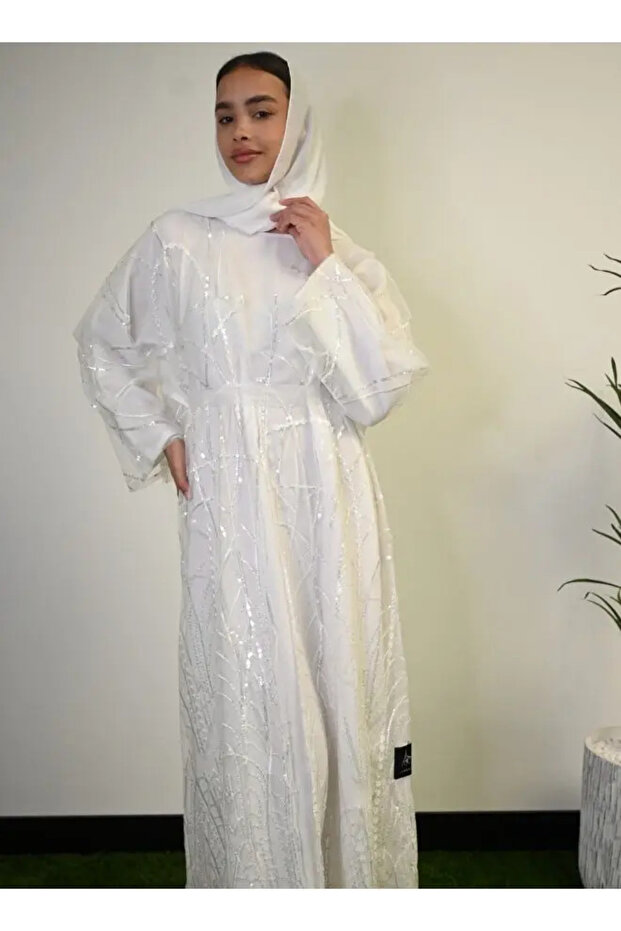 Silver Glow White Abaya With Sequin Embellishments