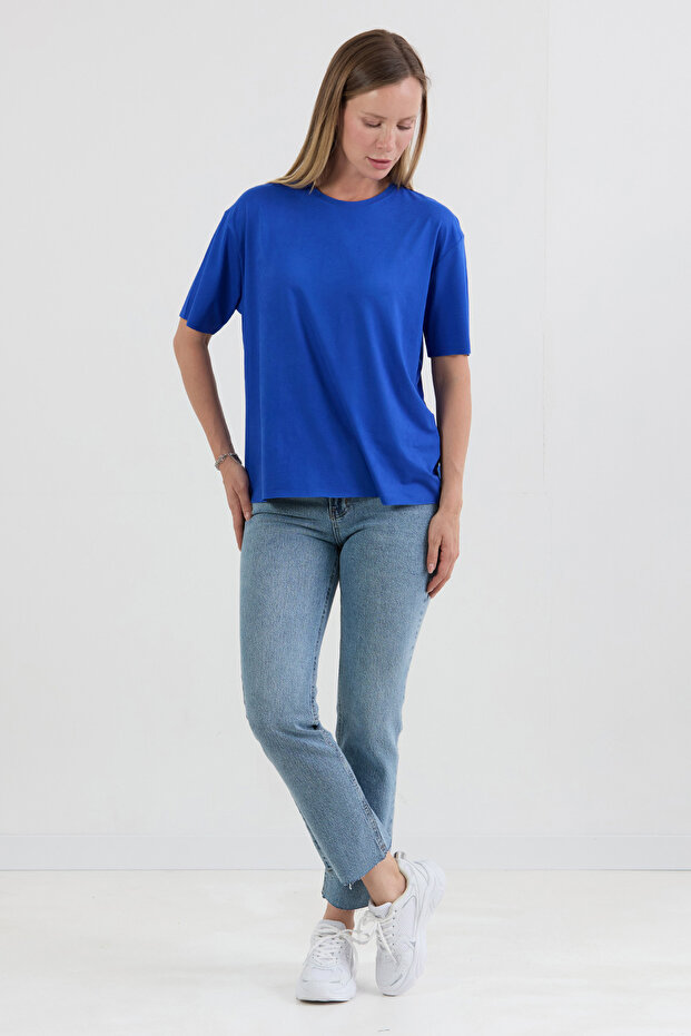 Basic Bisiklet Yaka Oversize Modal Tişört - 2