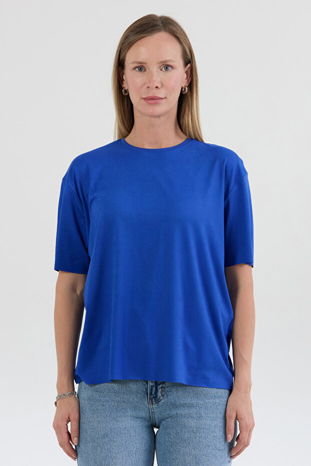 Basic Bisiklet Yaka Oversize Modal Tişört - 6