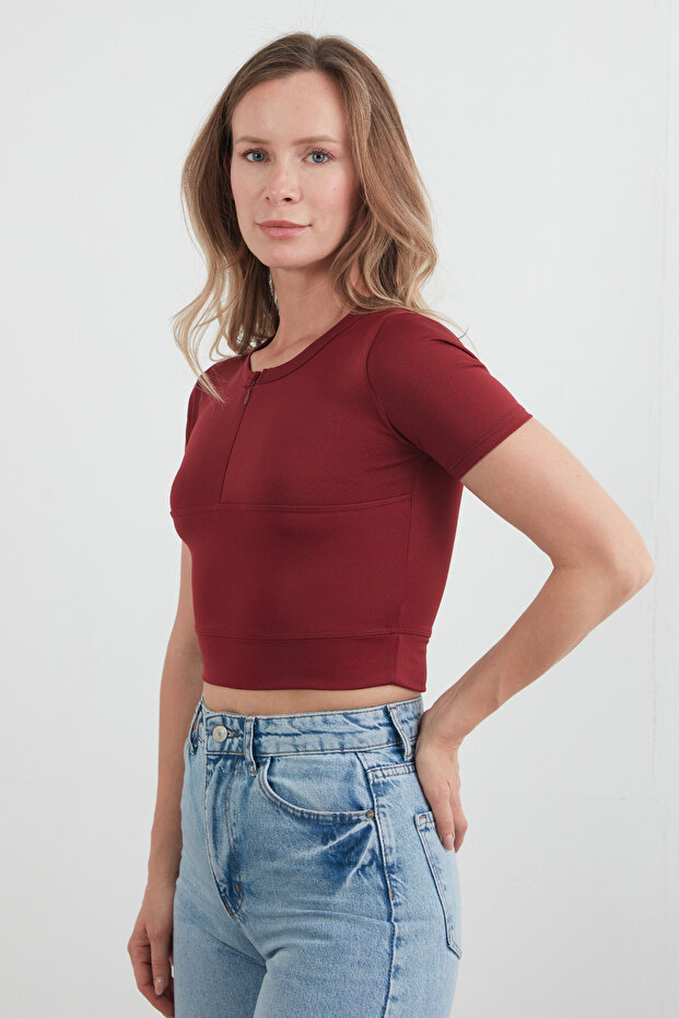 Basic Yarım Fermuarlı Dalgıç Kumaş Crop Tişört - 3